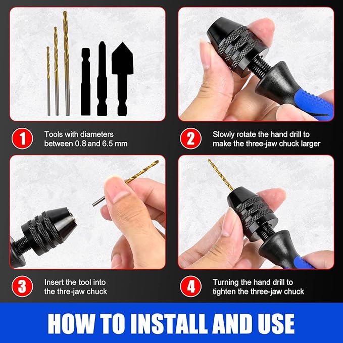 Pin Vise Adjustable 0.8~6.5mm with 13 Pcs Drill Bits HSS Twist Drill Bits Set(0.8mm-6.5mm) for Wood, Jewelry, Plastic, Beads Etc