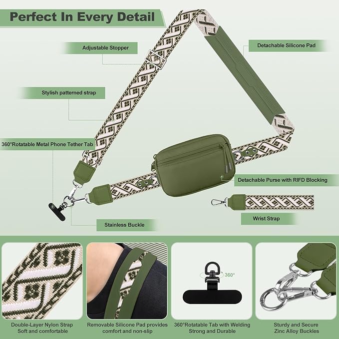 Clip and Go Strap for Phone with Wallet Crossbody, Adjustable Phone Lanyard with Detachable RFID Wristlet Wallet, Pattern Strap - Olive Green(M)