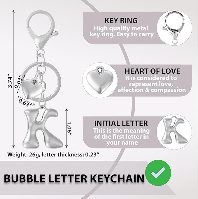 Heart Bubble Letter Keychain for Women, Girls - Cute Keychain with Initial - Alphabet Keychain for Bag Charm, Handbag