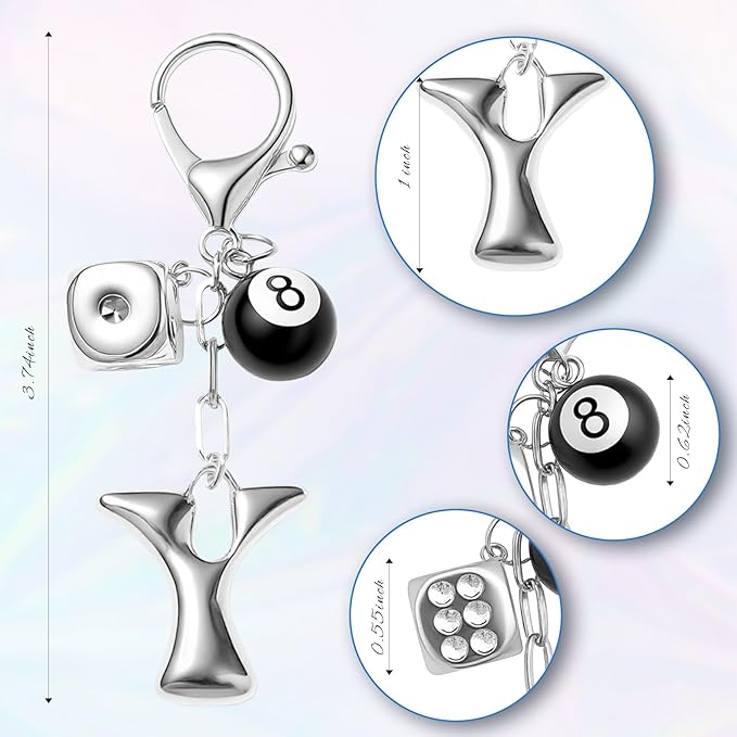 8 Ball Dice Keychain with Silver Bubble Initial - Y2K Aesthetic Cute Bag Purse Charms for Women
