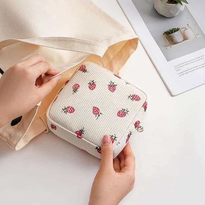Cute Small Corduroy Zipper Makeup Bag, Mini Coquette Aesthetic Pouch with Strawberry Pattern for for Purse,Key Pocket Lipstick Bag Card Holder Data Cable Organizer for Women Girls (06Strawberry)