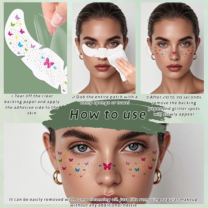 10Pcs Face Makeup Patches, Butterfly Flowers Freckles Face Tattoo, Colorful Temporary Tattoo, Sparkle Makeup Patches for Kids, Waterproof Face Glitter Freckles Patches for Women Girls
