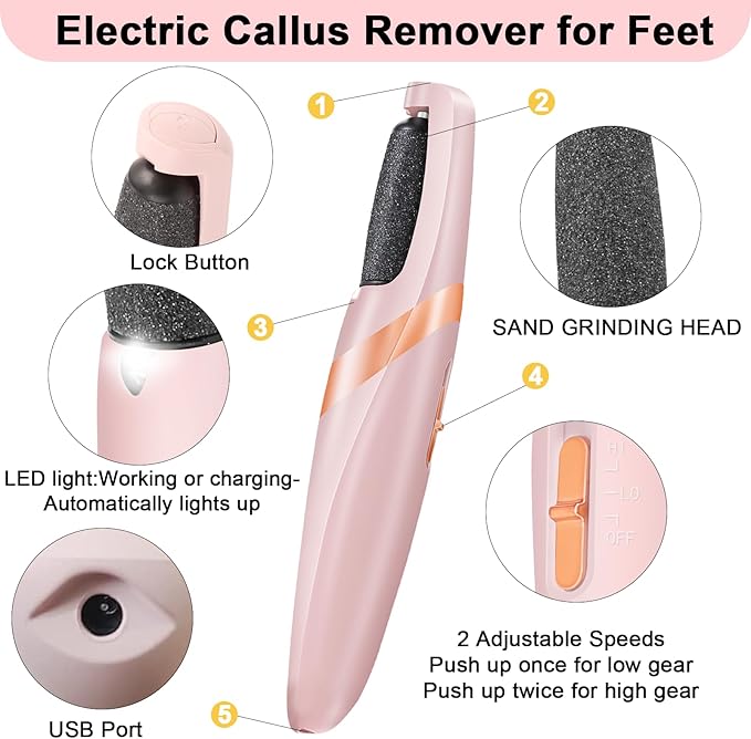Electric Foot File with Urea Cream, Rechargeable Callus Remover, Peach Scented Moisturizing Treatment, Portable Cracked Heel Stick for Dry and Cracked Feet, Pink and Rose Gold