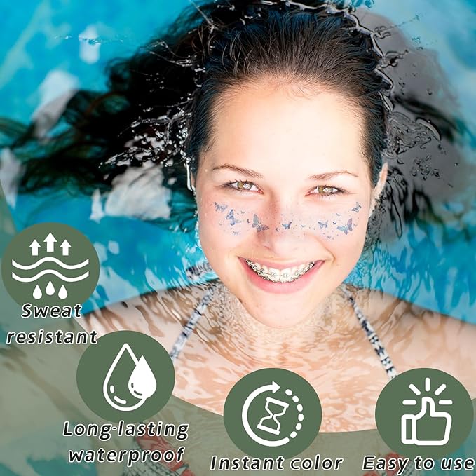 10Pcs Face Makeup Patches, Butterfly Flowers Freckles Face Tattoo, Colorful Temporary Tattoo, Sparkle Makeup Patches for Kids, Waterproof Face Glitter Freckles Patches for Women Girls