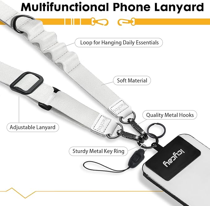 Phone Lanyard Crossbody, White Cell Phone Strap for Around The Neck Adjustable, Minimalist Teacher Anti Theft Cute Lanyard for iPhone Case ID Holder Keys Accessories Travel Essential