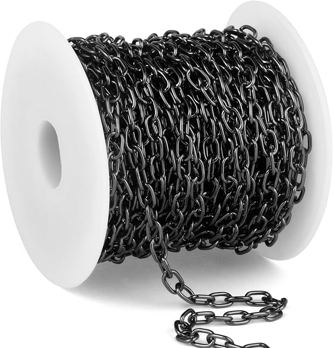 33 Feet Black Rolo Cable Chains Roll, 4 MM Black Plated Aluminium Oval Cable O Links Chain Bulk Spool for Jewelry Making DIY Craft
