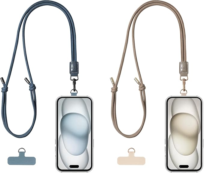 2 Pack Crossbody & Neck Phone Strap, Customizable Neck Strap with 0.5mm Removable Phone Tab, Hands-Free Holder for Phones, Earphones, Badges & Keys (Midnight Blue+Khaki Grey)
