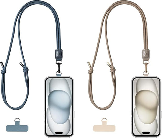 2 Pack Crossbody & Neck Phone Strap, Customizable Neck Strap with 0.5mm Removable Phone Tab, Hands-Free Holder for Phones, Earphones, Badges & Keys (Midnight Blue+Khaki Grey)