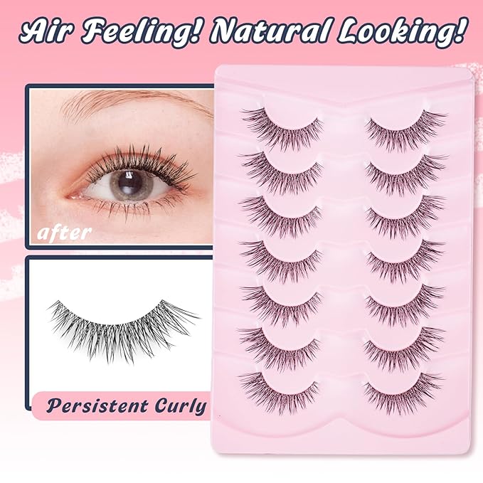 Natural Lashes 14MM Fake Eyelashes Cat Eye Lashes with 0.03MM Thin Band Soft Eyelashes Pack Siligli False Lash Strips 7 Pairs