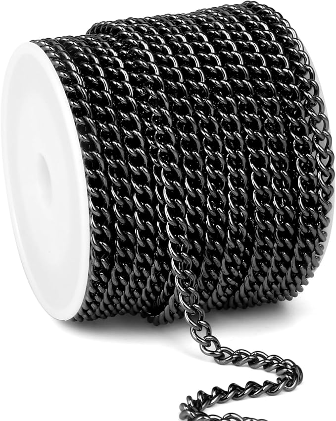 33FT Gunmetal Stainless Steel Curb Chains Roll, 4mm 304 Stainless Steel Black Flat Twisted Links Curb Chains Bulk Spool for Jewelry Making DIY Craft