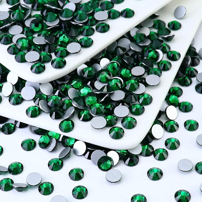 288PCS SS30 Crystal Glass Flatback Rhinestones, Round Flat Back Crystal Gems for Nail Art and Craft Clothes, Glue Fix Diamond Stones Emerald/Dark Green (6.4-6.6mm)
