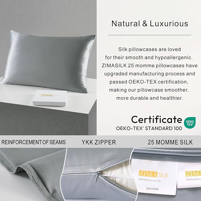 ZIMASILK 25 Momme 100% Pure Mulberry Silk Pillowcase for Hair and Skin Care, Highest Grade 6A Pillow Cases for Women, Long-Lasting Durablity, Gift for Women Men, 1Pc (King 20"x36", Iron Gray)