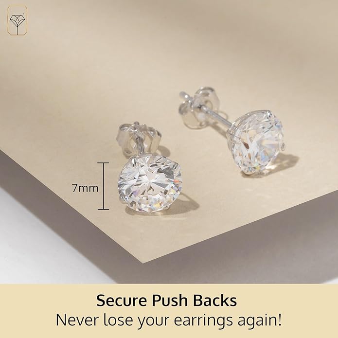 14k Gold Solitaire Round Cubic Zirconia Earrings Studs for Women & Men | Anti Tarnishing CZ Stud Earrings with 14k Gold Butterfly Pushbacks | 4MM-7.5MM by MAX + STONE