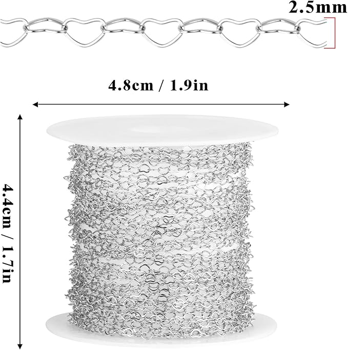 16.5FT Stainless Steel Heart Chain Roll, 2.5mm Width 304 Stainless Steel Heart Link Chain Spool Bulk for Jewelry Making Necklace Bracelet
