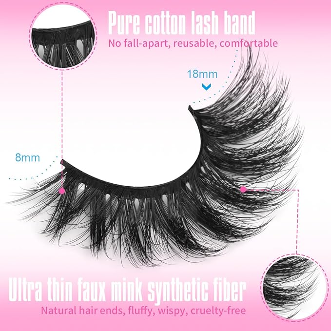 Kiromiro Mink Lashes Fluffy False Eyelashes 18mm Long Fake Lashes Thick Cat Eye Eyelashes 3D Volume Lash Strips Faux Mink Eyelashes Pack, 7 Pairs
