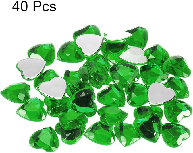 MECCANIXITY 40 Pcs Acrylic Heart Rhinestone 20mm Flat Back Plastic Gems Jewelry Stickers for Craft Bead Face Painting Costume Jewelry Making Deep Green