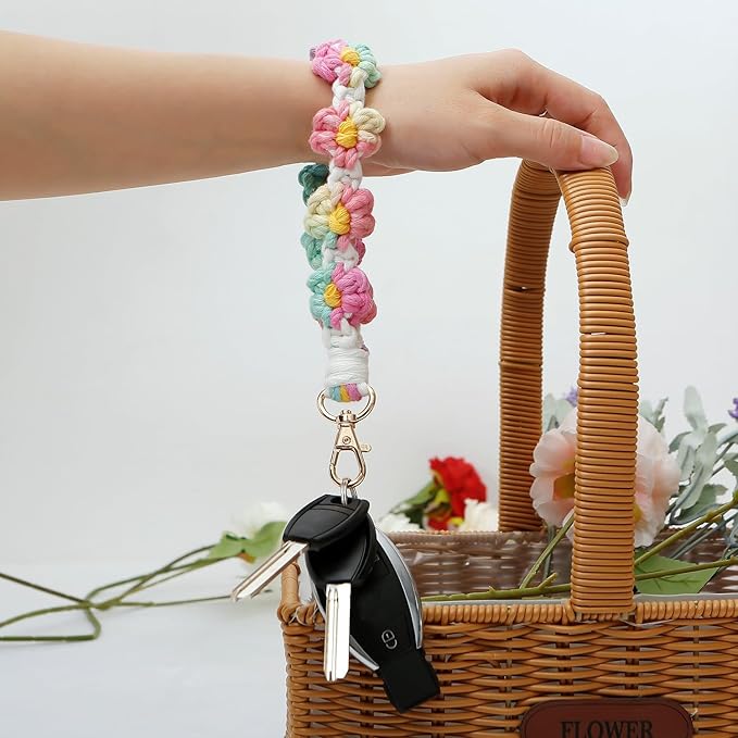 Macrame Keychain Handmade Wristlet Keychain Wrist Lanyard for Keys Cute flower keychain Key Chain for Women