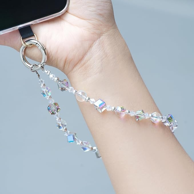 Cell Phone Wrist Strap Crystal Beaded Phone Bracelet Strap For Women Sparkling Beads Wristlet Lanyard Beaded Chain (Transparent Rainbow)