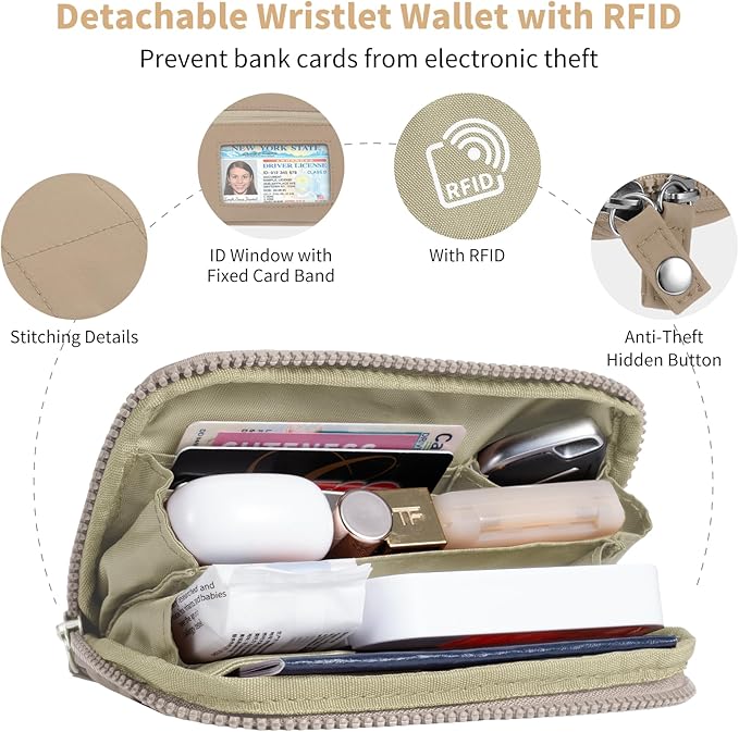 Clip and Go Strap for Phone with Wallet Crossbody Phone Lanyard with Anti-Theft Zipper Pouch Detachable Quilted Wrist Wallet with RFID and ID Window for Daily Travel. Khaki