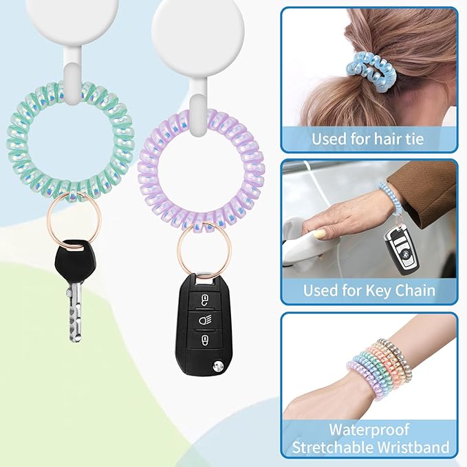 Spiral Keychain Stretchy Wrist Coil Bracelet Key Chain Waterproof Wristlet Key Holder for Pool, Sauna, Sports, Gym