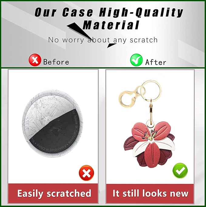 Leather Keychain Holder Case Compatible with AirTag,Cute Protective Cover with Keyring,Anti-Scratch Finder GPS Tracker Case for Wallet Keys,Bag,Pets(Flower)