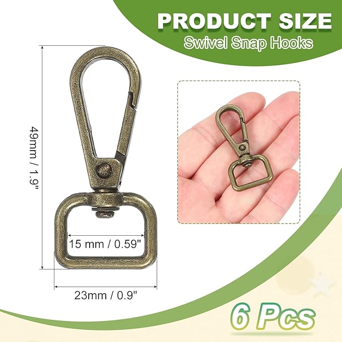 Swivel Snap Hooks, Metal D Ring Keychain Lanyard Clip Hook Lobster Clasp Claw Push Gate Clip - Fitting for(Purse Making - Sewing - DIY Crafts) 6 Pcs & 5/8" & Bronze