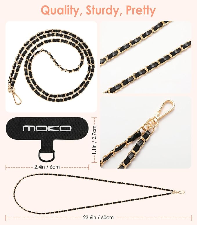 MoKo Universal Phone Lanyard, Metal Cell Phone Chain Crossbody Strap Anti-Theft Detachable Women Cellphone Lanyards Around The Neck with Patches for iPhone, Most Smartphones - Gold & Black