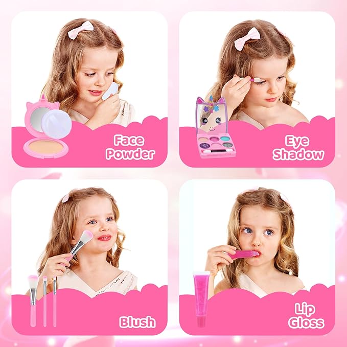 PERRYHOME Cute Kids Makeup Set Unicorn Washable Makeup Kit for Girls 3-12 with Mini Coin Purse - Real Cosmetic Non-Toxic Toddler Makeup Kit-Unicorn Toys for Girl - Birthday Unicorn Gift（White）