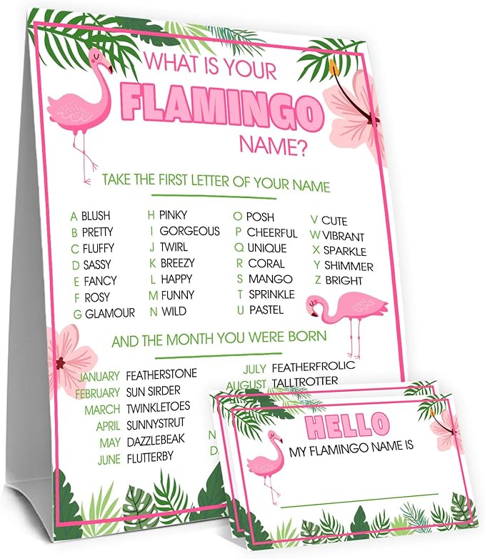 Flamingo Birthday Decorations, Flamingoes Theme Party Sign for Boys Girls,Kids Activity Cards, What's Your Flamingo Name Game, Activity Supplies