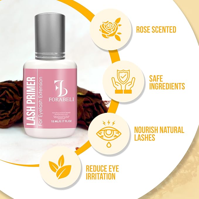 Forabeli Lash Primer for Eyelash Extensions 15ml, Boost Adhesion, Improve Bond Retention, Ideal for Individual and Natural Eyelashes, Supplies for Semi-Permanent Lashes, Removes Oils and Proteins