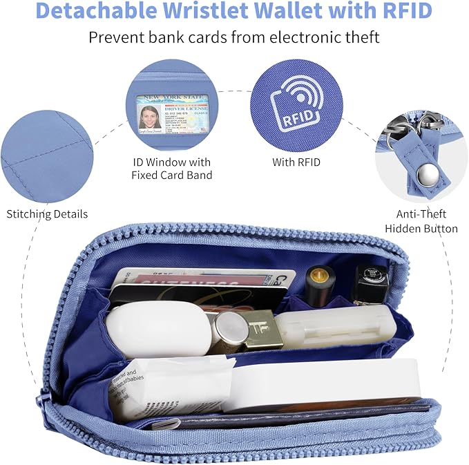 Clip and Go Strap for Phone with Wallet Crossbody Phone Lanyard with Anti-Theft Zipper Pouch Detachable Quilted Wrist Wallet with RFID and ID Window for Daily Travel. Blue