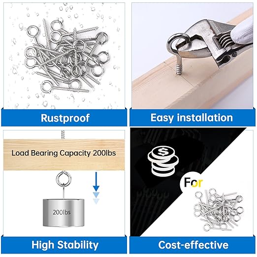Muzata 10 Pack Eye Screws 3.3 Inch Stainless Steel Screw Eye Hook for Wood Heavy Duty M6 Eyelet Hooks Self Tapping Securing Cables Wire Indoor Outdoor CR18