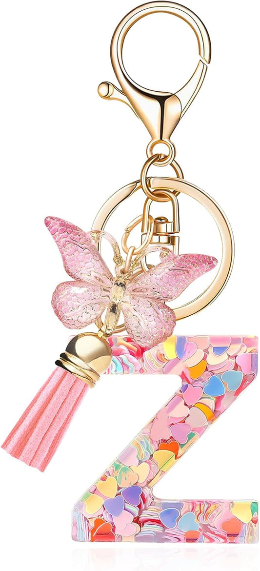 Fashion Alphabet Initial Letter Keychain Tassel Butterfly Pendant Key Ring for Purse Handbags Women Girl