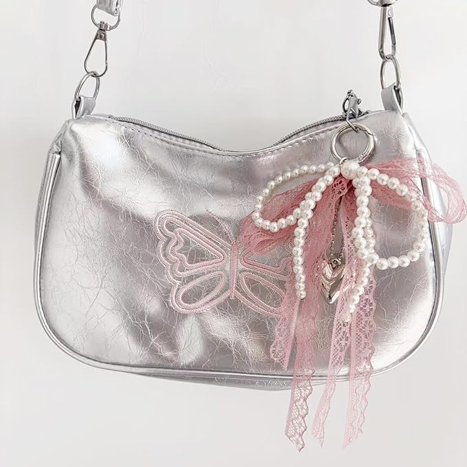 Pearl Bow Keychain Cute Y2k Lace Bowknot Keychain Coquette Aesthetic Accessories Bag Purse Handbag Backpack Charm