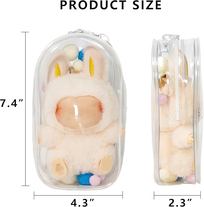 Clear Display & Storage Case for 17&15cm Plush Doll PVC Bag with Detachable Keychain for Collectible Toys and Cosmetics, Portable cases for Travel or Home Decor (white)