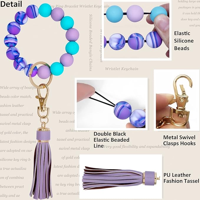BIHRTC Key Ring Bracelet Car Keychain Holder Wristlet Silicone Women Beaded Bangle Chains