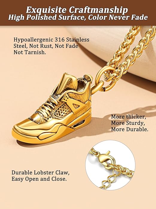 Bestyle Sneaker Shoe Necklace for Men, Chunky Vintage Black Gold Shoe Pendant Cool Cute Sport Jewelry for Brother Husband