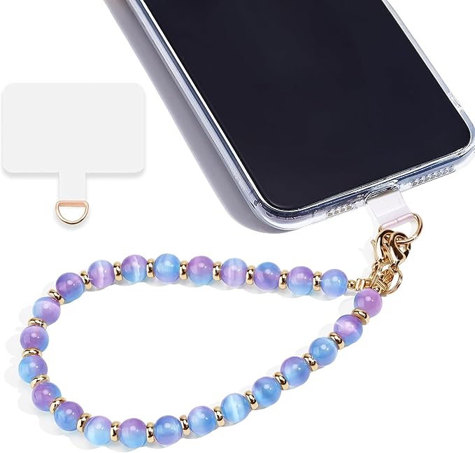 Marble Beaded Phone Wrist Strap,Detachable Phone Bracelet Strap with Tether Tab,Hands-Free Wristlet Strap (Purple Blue Cat's Eye)