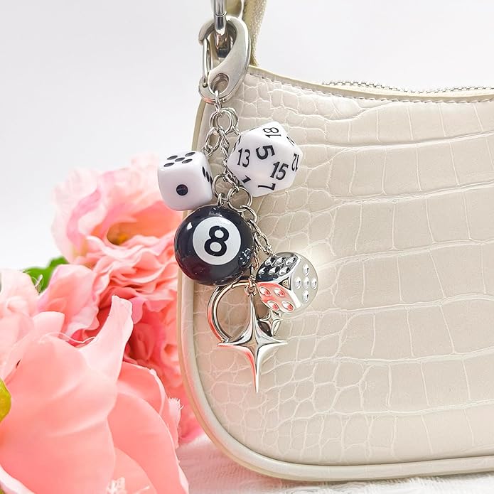 Y2K Keychain for Women, 8 Ball Dice Charm with Carabiner Clip - Cute Goth Core Keychain Bag Charm for Keys Bags Jeans