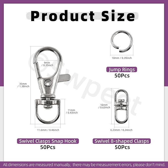 Swpeet Assorted 150Pcs Silver Keychain Making Kit, 50Pcs Swivel Lobster Claw Clasps, 50Pcs Rotating 8-Shaped Buckle Claw Clasp, 50Pcs Jump Ring, Swivel Trigger Hook, Swivel Clasps Lanyard Snap Hook