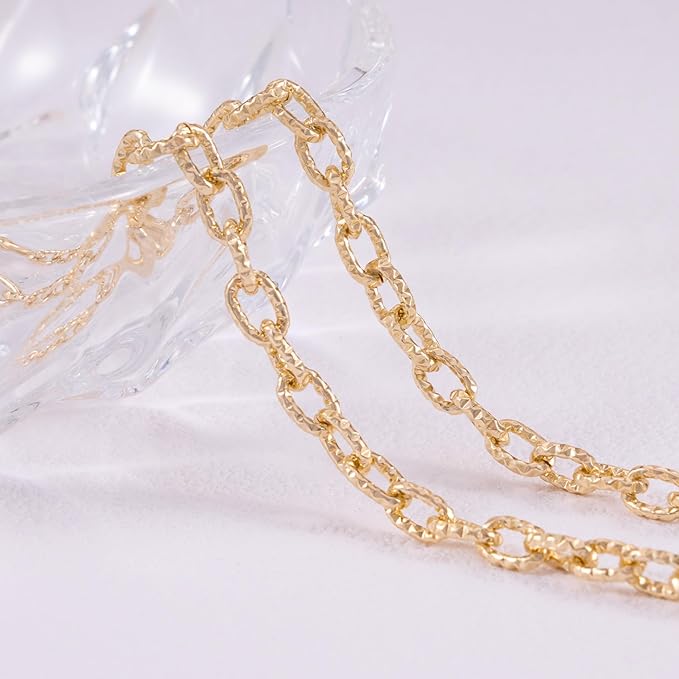 BORUINIE 33 Feet Gold Plated Rolo Chains Textured Oval Link Aluminum Chain Roll Bulk for DIY Necklace Jewelry Making