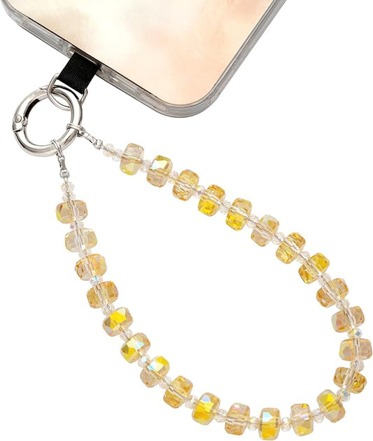 Crystal Beaded Phone Wrist Strap Glass Beads Bracelet Lanyard Crystal Chain Cell Phone Wristlet Strap for Women (Honey)