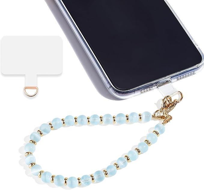 Marble Beaded Phone Wrist Strap,Detachable Phone Bracelet Strap with Tether Tab,Hands-Free Wristlet Strap (Light Blue Cat's Eye)