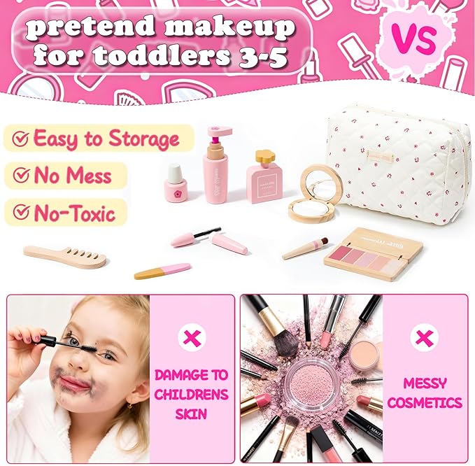 Wooden Makeup Toy Set for Girls - Pretend Play Makeup Kit for Toddlers 3-5 with Eyeshadow/ Mascara/ Perfume/ Blush/ Mirror/ Bag, Birthday Gifts for Girls Toys Kids Aged 3 4 5 6 7 8