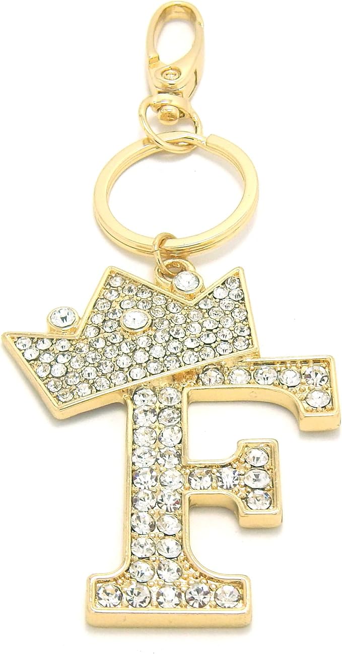 CBC Crown Crystal Rhinestone Letter Initial Keychain, Gold Metal, Bag Charm with Key Ring Approx. 2.17" x 2.56"