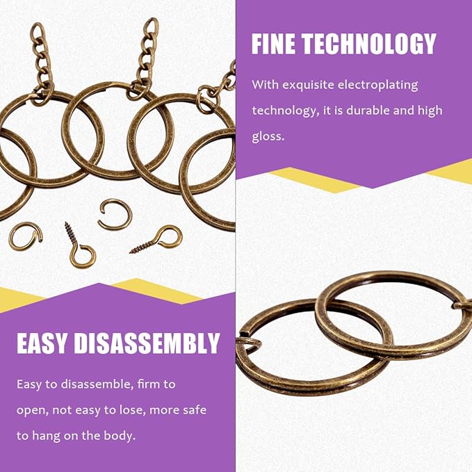 Swpeet 100Pcs 6/5 Inch 30mm Bronze Flat Key Chain Rings Kit, Including Split Keychain Rings with Chain and Jump Ring with Screw Eye Pins for Jewelry Making