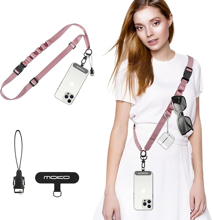 MoKo Universal Phone Lanyard, Nylon Adjustable Cell Phone Crossbody Strap Detachable Women & Men Cellphone Lanyards Around the Neck with Patches for iPhone, Most Smartphone, Rose Gold