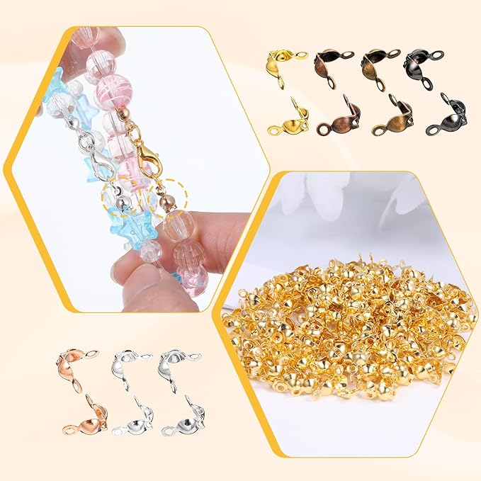700 Pieces Crimp Beads Calotte Ends for Jewelry Making, 7 Colors Clamshell Bead Tips Open End Caps Knot Covers for DIY Bracelet Necklaces Earrings Keychains