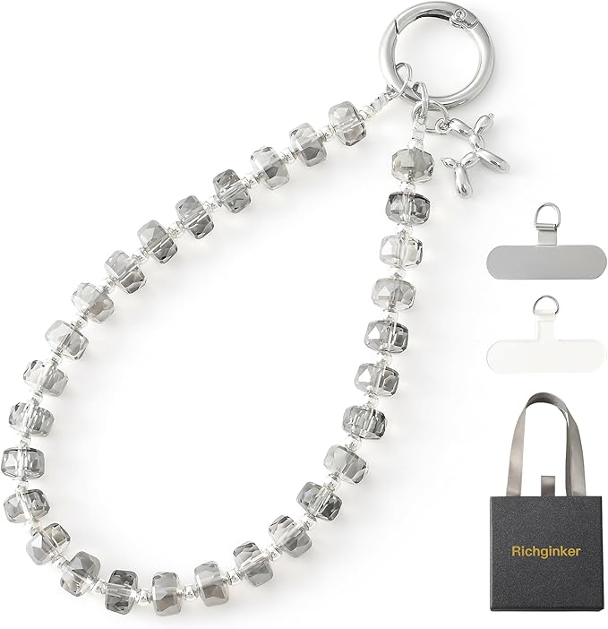 Crystal Phone Wrist Strap Phone Charm Chain Keychain Beaded Cellphone Lanyard with Tether Tab Hands-Free Wristlet Bracelet Wrist Grip Strap for Women, W-Gray