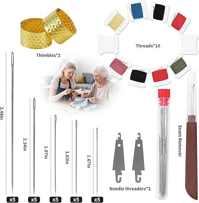 RZHHTTQ 41PCS Big Eye Stainless Steel Hand Sewing Needles Set, Large Eye Steel Needle Set for Hand Quilting, Denim & Daily Mending